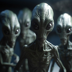 Image showing Alien attack or abduction or in a UFO space ship, visitor or scary world or universe with invasion, technology and martians. A close up or portrait of aliens for horror, strange and special effects.