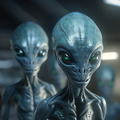 Image showing Alien attack or abduction or in a UFO space ship, visitor or scary world or universe with invasion, technology and martians. A close up or portrait of aliens for horror, strange and special effects.