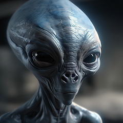 Image showing Alien attack or abduction or in a UFO space ship, visitor or scary world or universe with invasion, technology and martians. A close up or portrait of aliens for horror, strange and special effects.