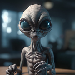 Image showing Alien attack or abduction or in a UFO space ship, visitor or scary world or universe with invasion, technology and martians. A close up or portrait of aliens for horror, strange and special effects.