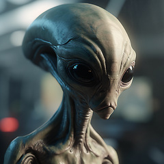 Image showing Alien attack or abduction or in a UFO space ship, visitor or scary world or universe with invasion, technology and martians. A close up or portrait of aliens for horror, strange and special effects.