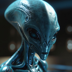 Image showing Alien attack or abduction or in a UFO space ship, visitor or scary world or universe with invasion, technology and martians. A close up or portrait of aliens for horror, strange and special effects.