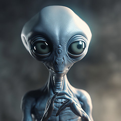 Image showing Alien attack or abduction or in a UFO space ship, visitor or scary world or universe with invasion, technology and martians. A close up or portrait of aliens for horror, strange and special effects.