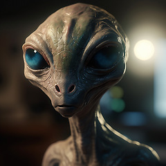 Image showing Alien attack or abduction or in a UFO space ship, visitor or scary world or universe with invasion, technology and martians. A close up or portrait of aliens for horror, strange and special effects.