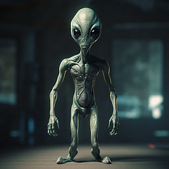 Image showing Alien attack or abduction or in a UFO space ship, visitor or scary world or universe with invasion, technology and martians. A close up or portrait of aliens for horror, strange and special effects.