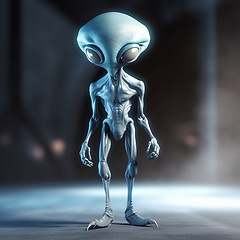 Image showing Alien attack or abduction or in a UFO space ship, visitor or scary world or universe with invasion, technology and martians. A close up or portrait of aliens for horror, strange and special effects.