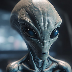 Image showing Alien attack or abduction or in a UFO space ship, visitor or scary world or universe with invasion, technology and martians. A close up or portrait of aliens for horror, strange and special effects.