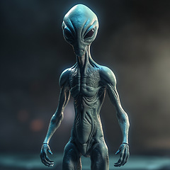 Image showing Alien attack or abduction or in a UFO space ship, visitor or scary world or universe with invasion, technology and martians. A close up or portrait of aliens for horror, strange and special effects.