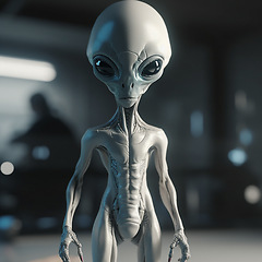 Image showing Alien attack or abduction or in a UFO space ship, visitor or scary world or universe with invasion, technology and martians. A close up or portrait of aliens for horror, strange and special effects.