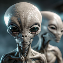 Image showing Alien attack or abduction or in a UFO space ship, visitor or scary world or universe with invasion, technology and martians. A close up or portrait of aliens for horror, strange and special effects.