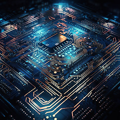 Image showing Closeup, cpu and digital circuit with microchip, hardware and information technology coding. IT, data science and computer system with motherboard, programming or ai generated cyber security in night