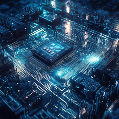 Image showing Futuristic, computer and CPU chip of motherboard power or server machine technology for digital processing or circuit. Ai tech of electrical board of PC for data storage, information or system nodes