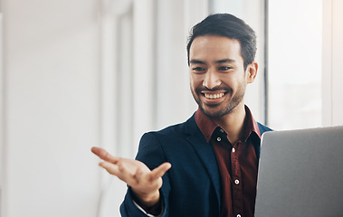 Image showing Man, hand and invisible space in office with laptop for mockup with happiness, email and agenda. Asian entrepreneur, businessman and happy with computer for mock up, product placement and vision