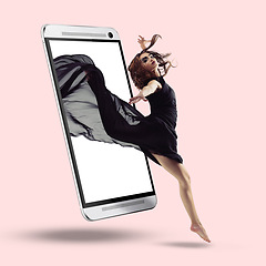 Image showing Studio, phone screen and dance, woman in fabric dress on pink background for advertising or digital marketing. Performance, music app and mobile, dancer with mock space backdrop and product placement