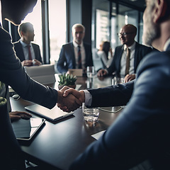 Image showing Business handshake, meeting and corporate office with accounting deal and agreement. Shaking hands, collaboration and teamwork motivation of executive team with ai generated success and b2b project