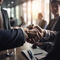 Image showing Business people, handshake and corporate meeting for b2b, deal or partnership agreement at office. Employees shaking hands in collaboration, teamwork or welcome for introduction or team greeting