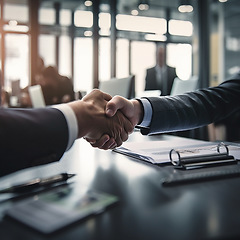 Image showing Business people, shaking hands and partnership in corporate meeting for b2b, deal or agreement at office. Employees handshake in collaboration, teamwork or welcome for introduction or team greeting