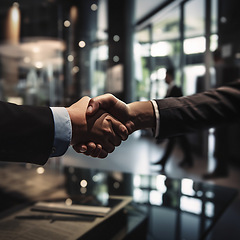 Image showing Business people, handshake and partnership in corporate meeting for b2b, deal or agreement at office. Employees shaking hands in collaboration, teamwork or welcome for introduction or team greeting