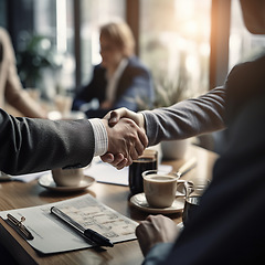 Image showing Business people, handshake and corporate meeting in recruitment for b2b, deal or agreement at office. Employees shaking hands in collaboration, teamwork or welcome for introduction, welcome or hiring
