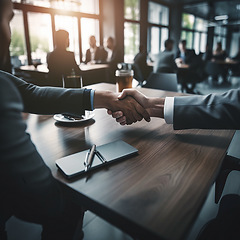 Image showing Business people, handshake and partnership in corporate meeting for b2b, deal or agreement at office. Employees shaking hands in collaboration, teamwork or welcome for introduction or recruitment