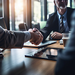 Image showing Business people, handshake and partnership in meeting for deal, b2b or corporate agreement at office. Employees shaking hands in collaboration, teamwork or welcome for introduction or recruitment