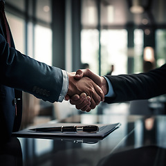 Image showing Business people, handshake and partnership at night in meeting, b2b or deal agreement at office. Employees shaking hands working late in collaboration, team or welcome for introduction or greeting