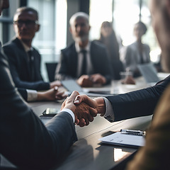 Image showing Business people, handshake and corporate meeting in conference for b2b, deal or agreement at office. Employees shaking hands in collaboration, teamwork or welcome for introduction or team greeting