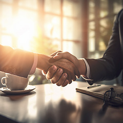 Image showing Business people, handshake and partnership at night for b2b, deal or agreement in corporate recruitment at office. Employees shaking hands working late in teamwork collaboration, hiring or meeting