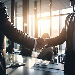 Image showing Business people, shaking hands and partnership at night for b2b, deal or corporate agreement at office. Employees handshake working late in collaboration, teamwork or welcome in hiring or recruitment