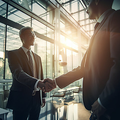 Image showing Businessman, handshake and partnership in corporate meeting for b2b, deal or agreement at office. Employee men shaking hands in collaboration, teamwork or welcome for introduction or greeting at work