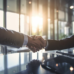 Image showing Business people, shaking hands and partnership at night for b2b, agreement or recruitment at office. Employees handshake working late in team collaboration or welcome for recruit or hiring process