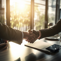 Image showing Business people, handshake and partnership at night for b2b, deal or agreement in corporate meeting at office. Employees shaking hands working late in collaboration, teamwork, hiring or recruitment