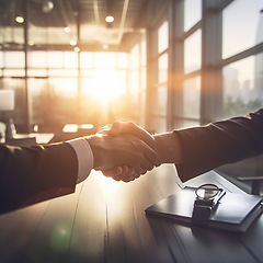 Image showing Business people, shaking hands and partnership at night in corporate meeting for b2b, deal or agreement at office. Employees handshake working late in collaboration, team hiring and recruitment