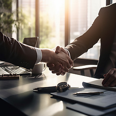 Image showing Business people, handshake and partnership at night for deal, b2b or agreement in recruitment at office. Employees shaking hands working late in team collaboration, welcome or hiring process by desk