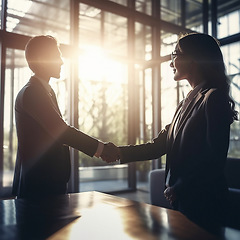 Image showing Business people, handshake and partnership for b2b, introduction or deal agreement at corporate office. Businessman and woman shaking hands in collaboration, teamwork or welcome for recruitment
