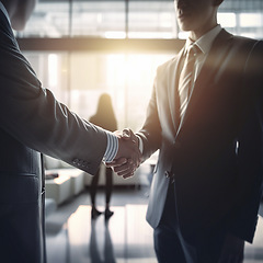 Image showing Businessman, handshake and partnership in corporate b2b, meeting or deal agreement at office. Employee men shaking hands in collaboration, teamwork or welcome for introduction, hiring or recruitment