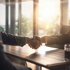 Image showing Business people, handshake and partnership for b2b, deal or agreement in corporate meeting at office. Employees shaking hands in collaboration, teamwork or recruitment for interview or hiring at work