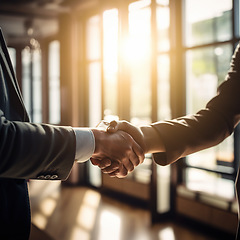 Image showing Business people, handshake and partnership for b2b, deal or agreement in corporate growth at office. Employees shaking hands in collaboration, teamwork or welcome for hiring, recruitment or meeting