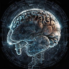 Image showing Brain, electronics and ai with future and 3d, human mind and network with digital world and technology abstract. Cyber, knowledge and organ with intelligence, neurology or neuroscience with hologram