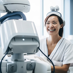 Image showing Asian doctor, robot and hospital for future of healthcare with progress, smile and technology for ai machine. Woman, happy medic or robotic assistant in clinic for medical automation with innovation