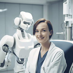 Image showing Portrait, doctor and robot in clinic for future of healthcare with innovation, smile and ai generated. Woman, happy medic or robotic assistant in hospital for automation technology by medical machine