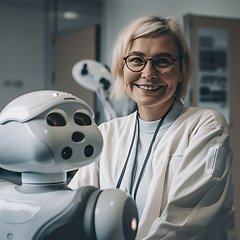 Image showing Elderly doctor, robot and hospital for future of healthcare with smile, automation and development in lab. Woman medic, robotic assistant and ai generated portrait in clinic for research innovation