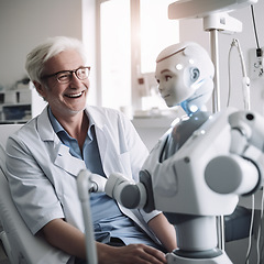 Image showing Doctor, robot and hospital for future of healthcare with progress, smile and automated machine for ai generated tech. Senior man, happy and robotic innovation in clinic for futuristic research at lab