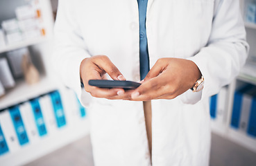 Image showing Pharmacist, phone or hands of person texting in pharmacy to contact, email communication or reading chat. Social media or doctor on mobile app, typing or searching medical news on internet at work