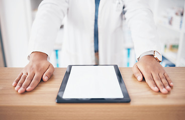 Image showing Tablet, mockup or hands of woman pharmacist on table ready to help with healthcare services. Marketing space, screen or closeup of doctor by desk counter with medicine online research in drugstore