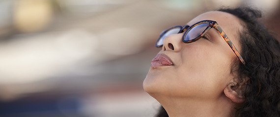 Image showing Mockup, freedom and banner of a breathing woman getting fresh air, calm and break from business. Content, relax and benefits of employee resting for stress relief, relaxation and enjoying outdoors