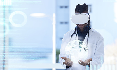 Image showing Doctor, virtual reality and man with hologram of globe and digital transformation in healthcare, analytics and overlay. Tech growth in medicine, global network with male in VR goggles and futuristic