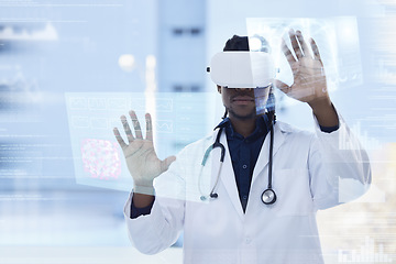 Image showing Doctor, virtual reality and man in medicine hologram, x ray scan and digital transformation, analytics and overlay. Tech growth in health, data on screen with African male in VR goggles or futuristic