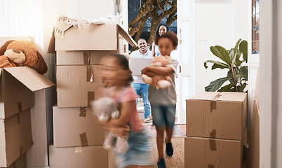 Image showing Moving, running and happy with family at new house for real estate, property and mortgage. Future, investment and homeowner with excited children and parents at front door for rent, purchase or sale