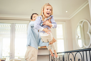 Image showing Laughing, playful and mother with daughter at home for bonding, support and care on the weekend. Relax, airplane and happiness with woman carrying child for happy family, funny and flying games